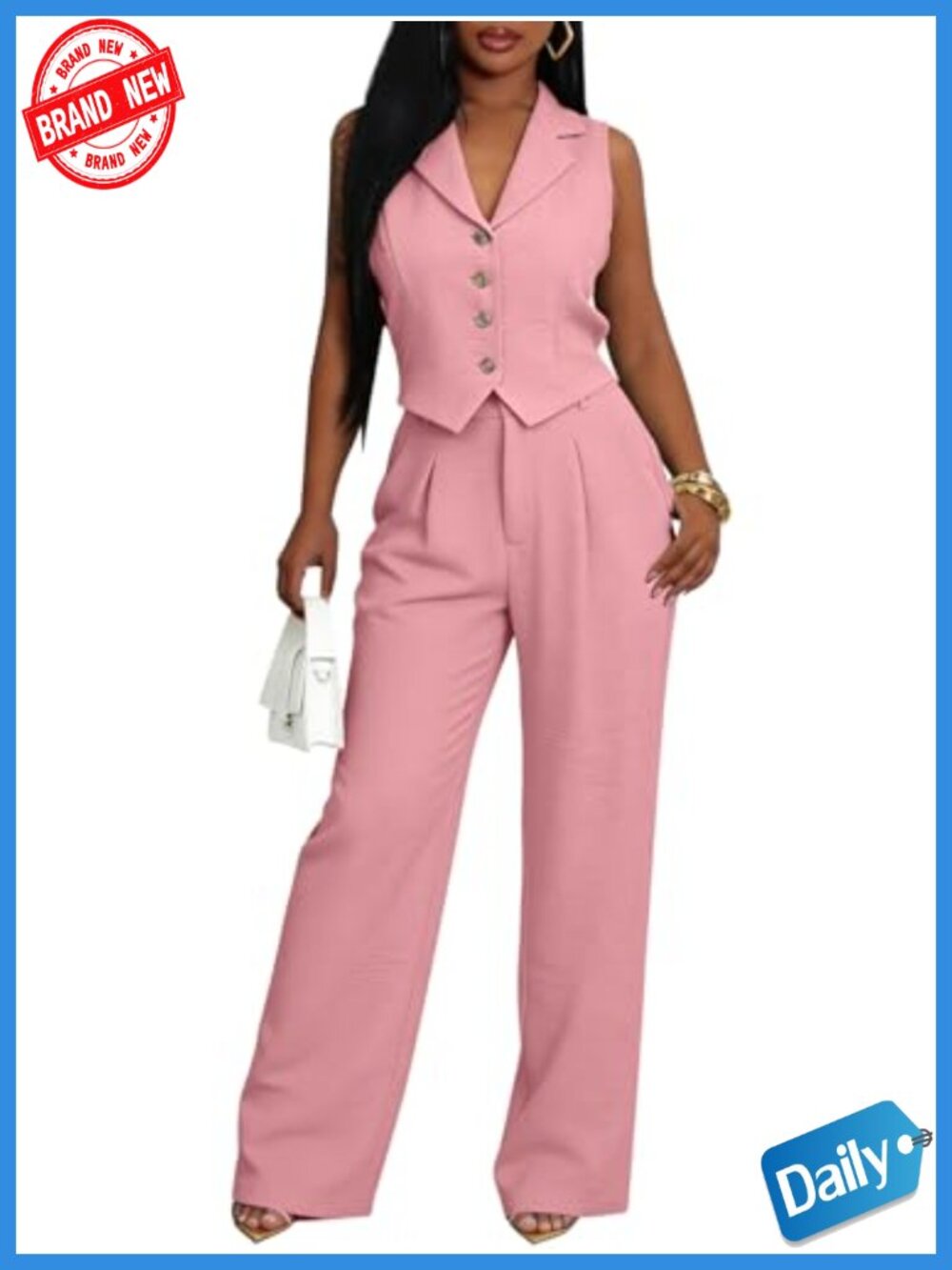 Women's 2 Piece Pantsuit Vest Blazer Wide Leg Pants Matching Set Dressy Casual